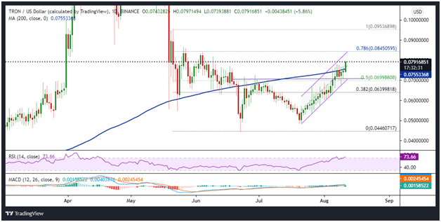 TRX 价格继续上行，多头可能将目标锁定为 0.10 美元