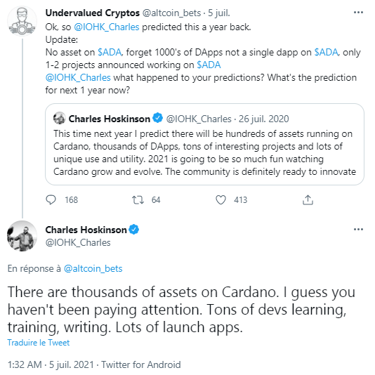 查尔斯·霍斯金森 (Charles Hoskinson) 在 Twitter 上发表了关于 Cardano 上存在资产和 dApp 的帖子，以回应低估加密货币的批评
