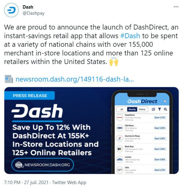 Dash 的 Twitter 帖子宣布推出其 DashDirect 应用程序以促进零售支付