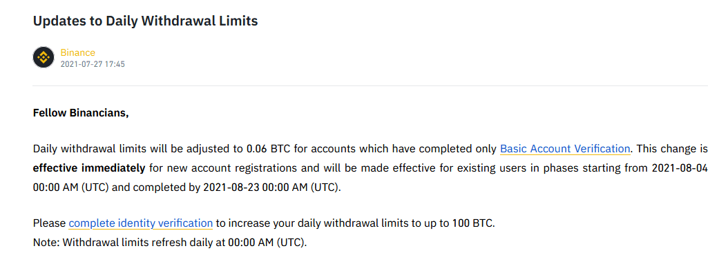 币安宣布每日提款限额从 2 到 0.06 比特币（BTC）