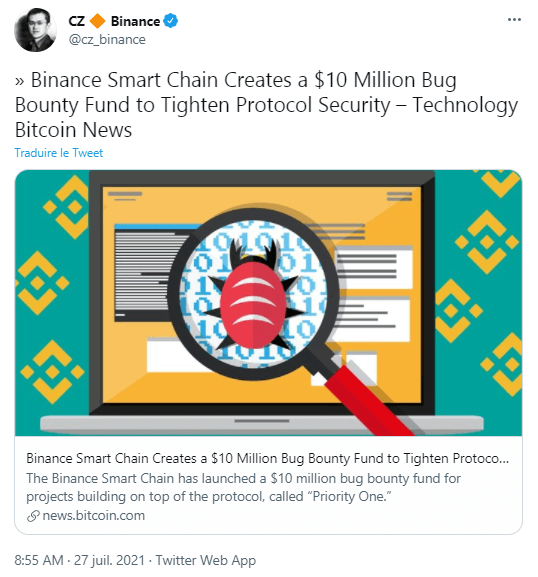 币安首席执行官赵长鹏在推特上发布了币安智能链（BSC）Priority One项目