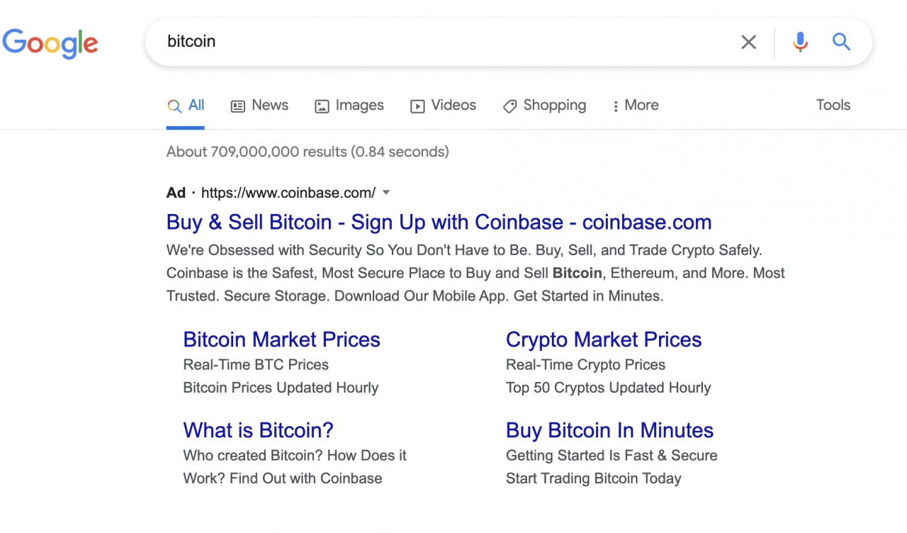 Coinbase 在 Google 上的比特币广告，2021 年 8 月