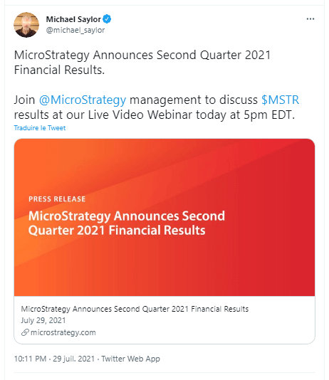 MicroStrategy Twitter 帖子宣布 CEO Michael Saylor 尽管会计亏损，但仍愿意购买更多比特币 (BTC)