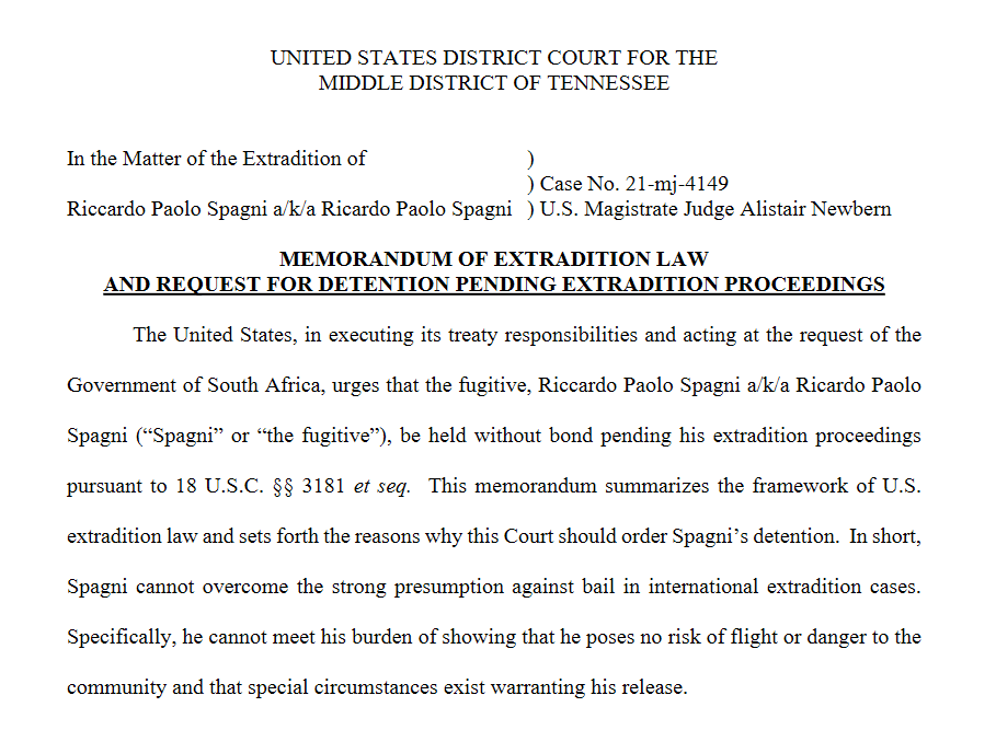 解释拘留 Riccardo Spagni 的司法文件摘录