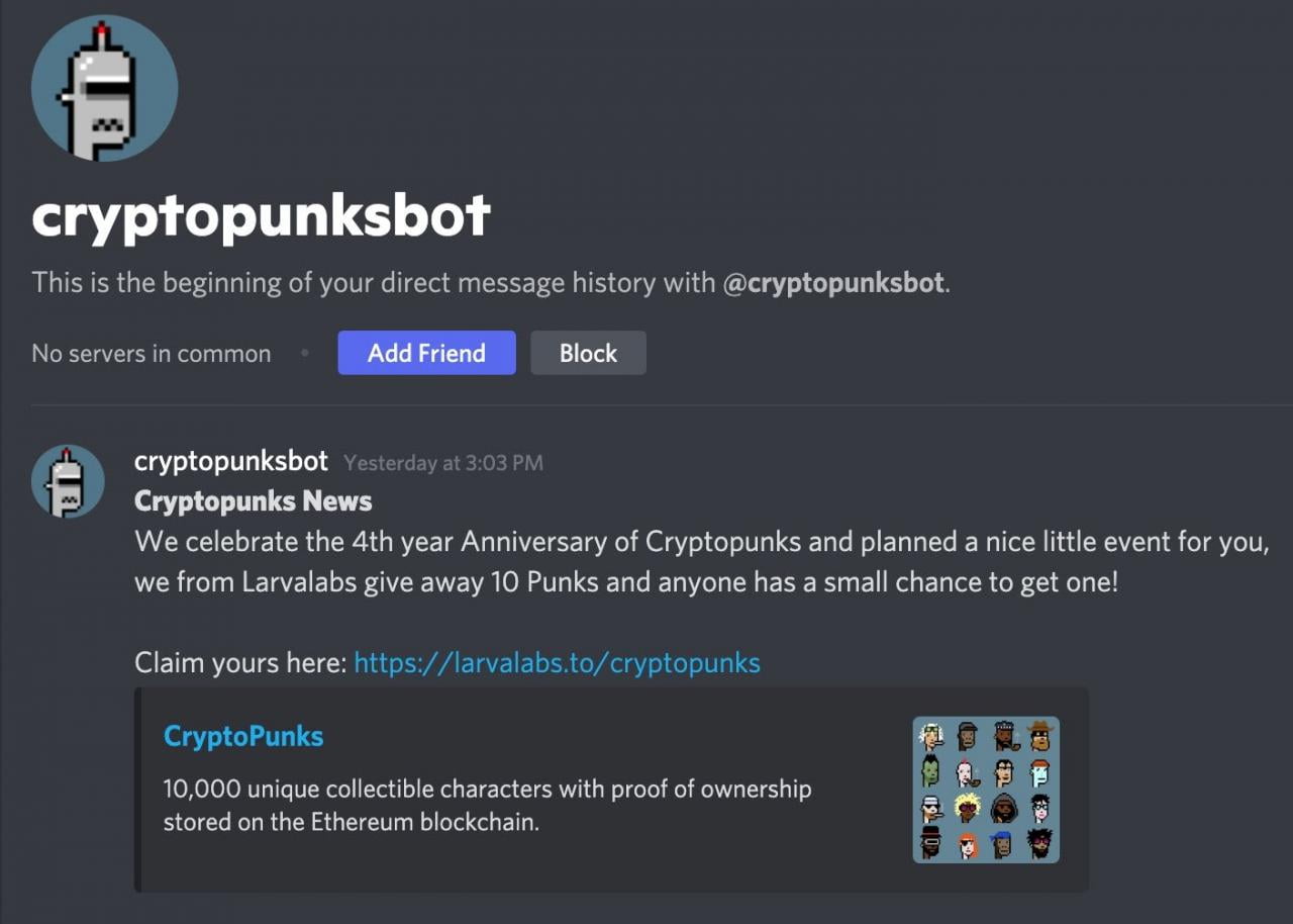 Stazie 在 Discord 上收到的网络钓鱼信息告诉他他可以赢得 10 个 CryptoPunk