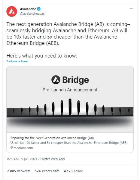 Avalanche Twitter 帖子介绍了 Avalanche Bridge (AB) 的更高速度和更低成本