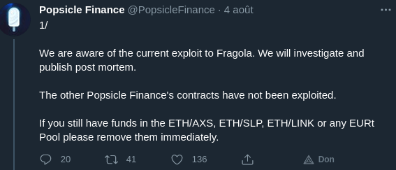 Popsicle Finance Twitter 关于持续攻击的帖子