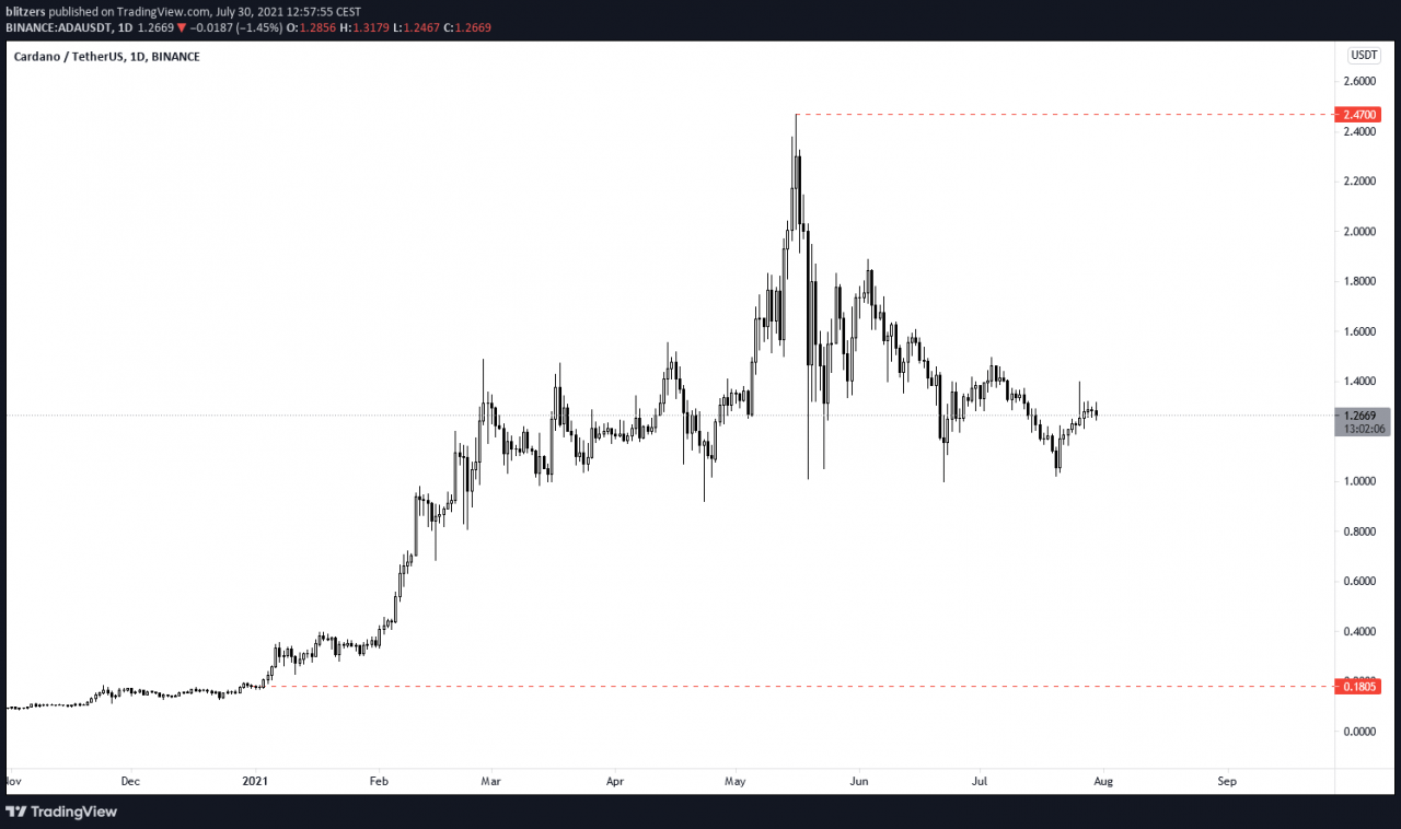 ADA 与 USDT 在每日单位时间内的价格显示迄今为止的 600% 进展，从 2021 年 1 月 1 日的价格上涨 1200%