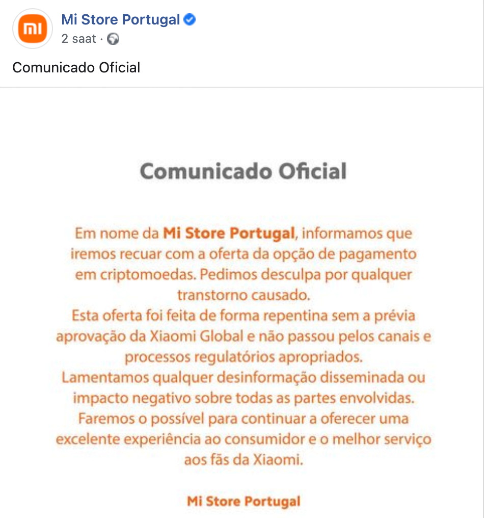 不，小米尚未开始在葡萄牙接受加密货币