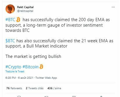 Rekt Capital 谈到移动平均线表明比特币看涨。