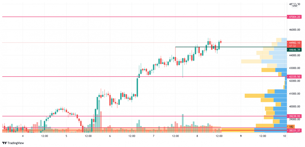 TradingView 的 BTC/USD K线走势图