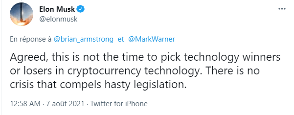 埃隆马斯克的推文呼吁美国参议院对加密货币监管进行克制 