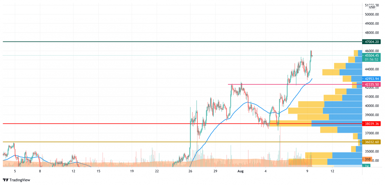TradingView 的 BTC/USD K线走势图