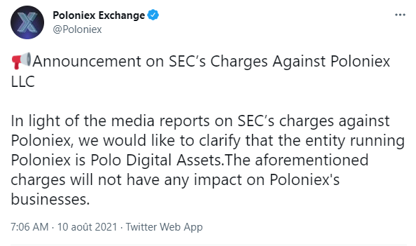 Poloniex 交易所 Twitter 帖子宣布对 Poloniex 的指控将对其业务没有影响