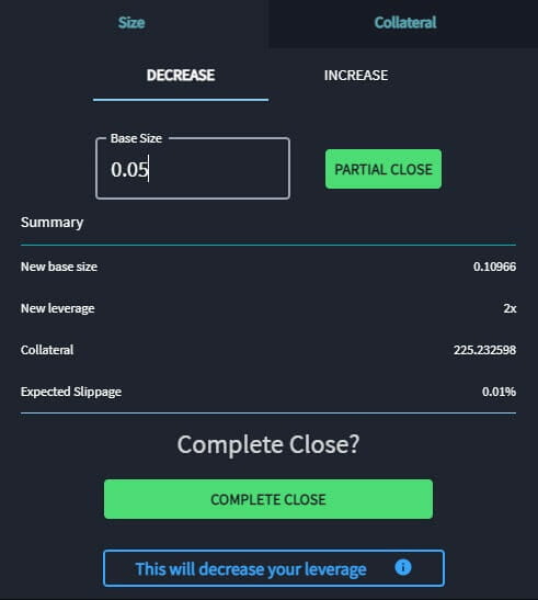 Audaces Perps 交易界面减少头寸规模