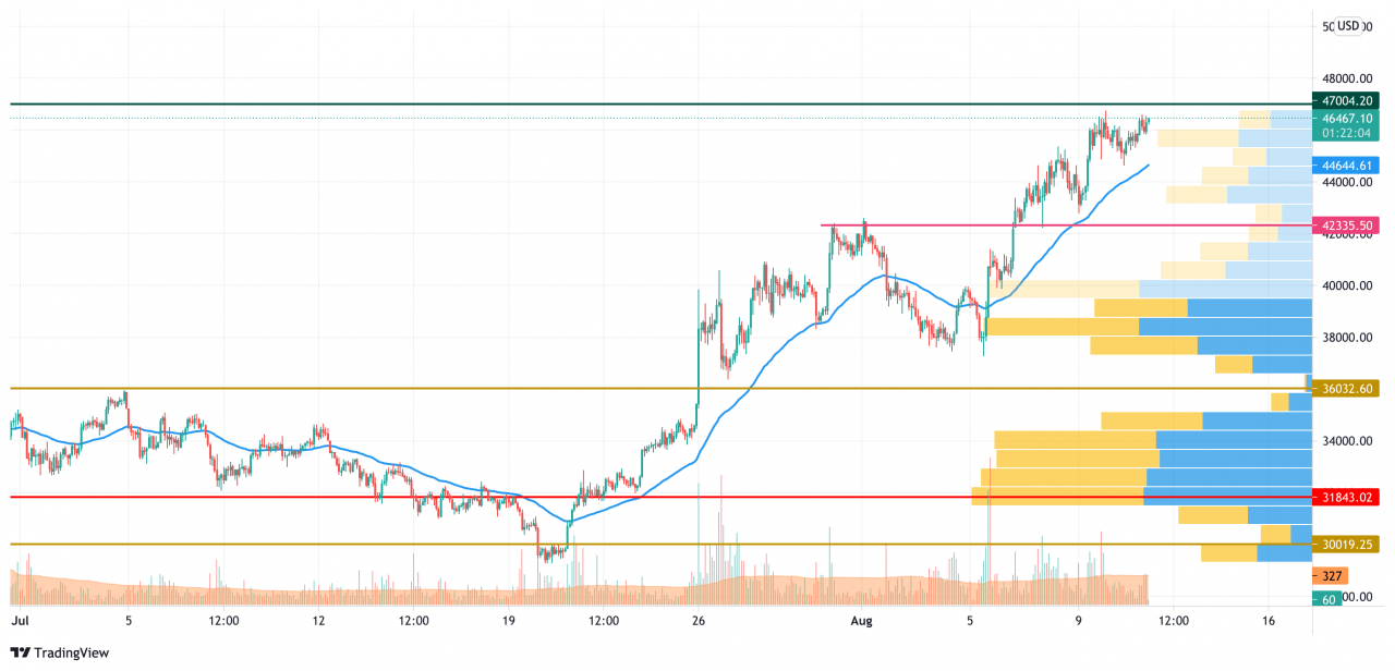 TradingView 的 BTC/USD K线走势图