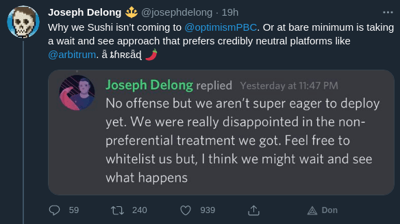SushiSwap 的 CTO Joseph Delong 的 Twitter 帖子，解释了为什么 SushiSwap 对 Optimism 不感兴趣
