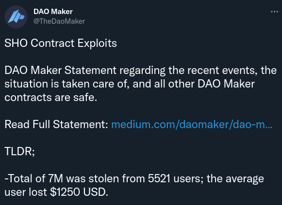 DAO Maker Twitter 帖子宣布协议受到攻击