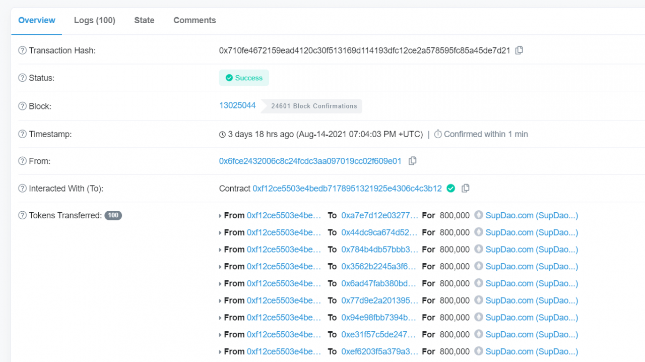 SupDao.com 向 12,504 个以太坊地址捐赠了 800,000 个 SUP 代币的可疑援助的详细信息