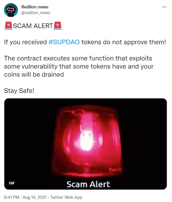 Redlion.news Twitter 发文警告不要接受 Supdao.com 的 SUP 代币空投