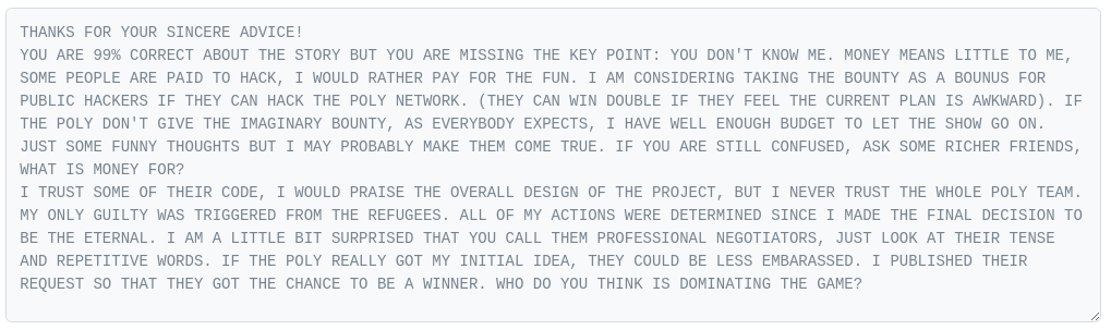 来自攻击者的消息发送到以太坊，宣布他将奖励任何可以第二次入侵 Poly-Network 的人