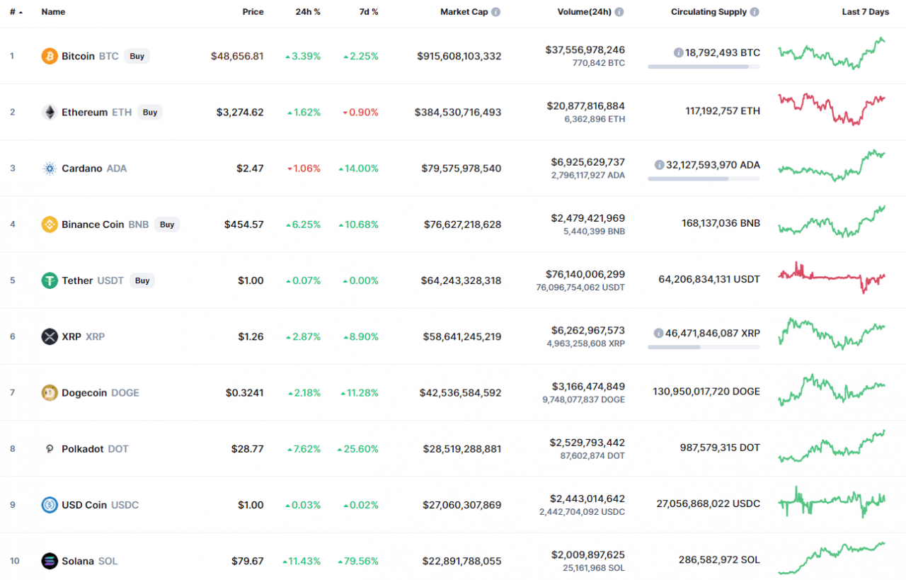 CoinMarketCap 排名前 10 的代币
