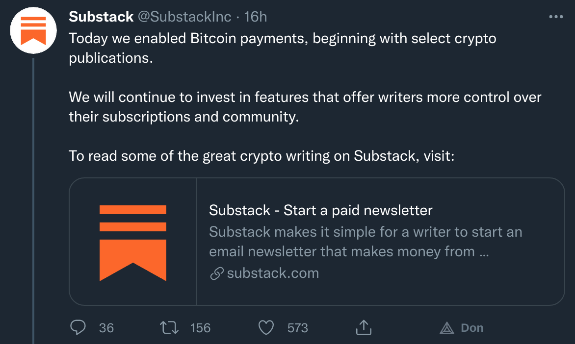 来自 Substack 的 Twitter 帖子接受比特币 (BTC) 作为其订阅的付款方式