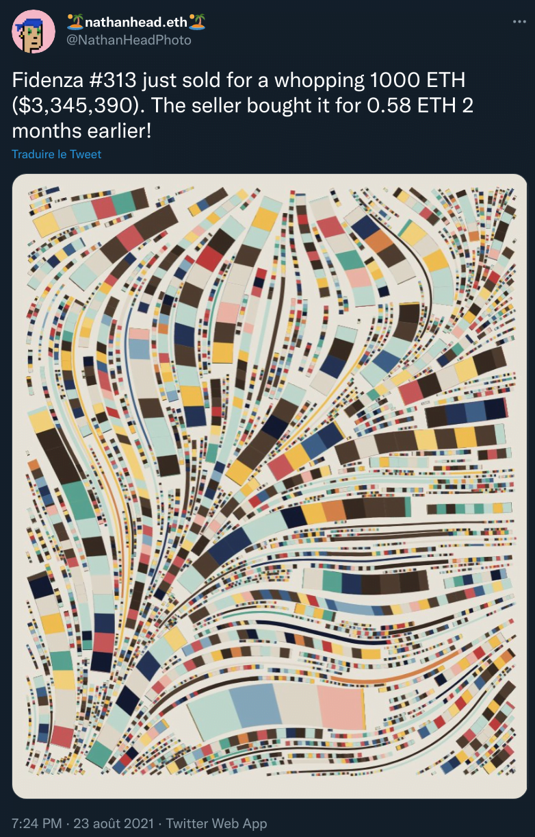 作品 Fidenza #313 以 1,000 个以太币（330 万美元）售出