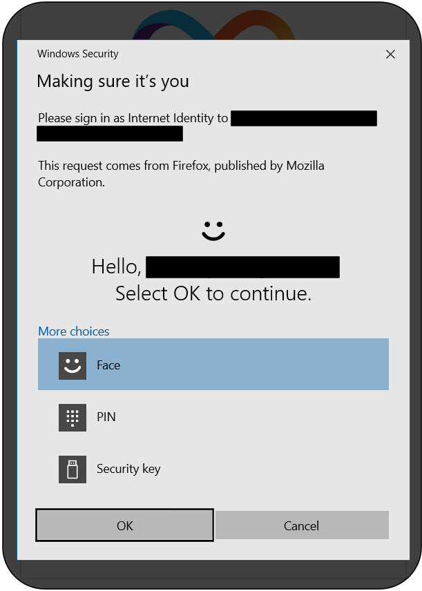 Windows Hello 支持添加到 Internet 标识