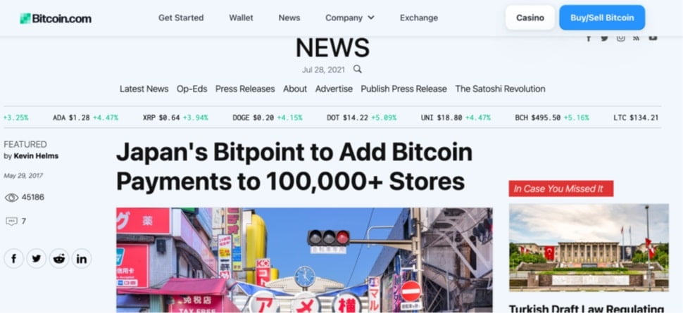 Bitcoin.com 每日负责人关于日本超过 100,000 家商店通过 BitPoint 接受比特币支付的情况。