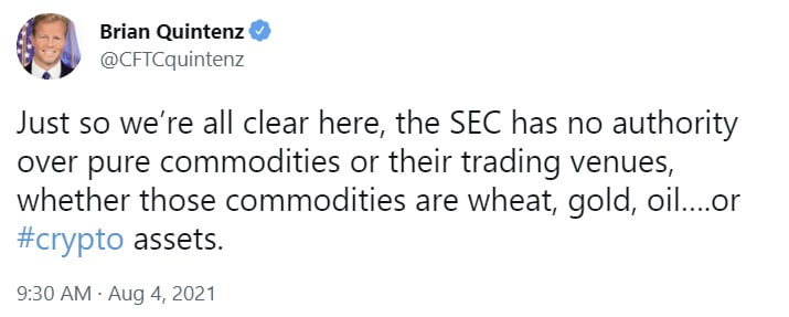 CFTC 专员表示，SEC 对加密货币资产等纯商品没有权限