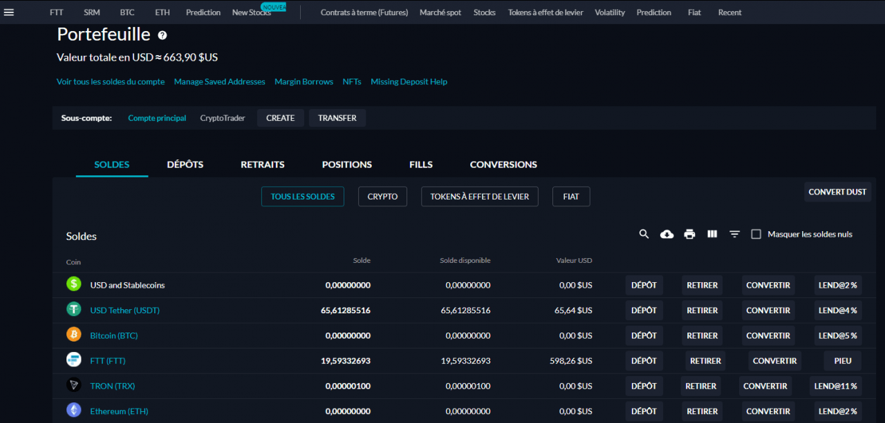 FTX 钱包页面和标签 "兑换" 直接改变它的角落