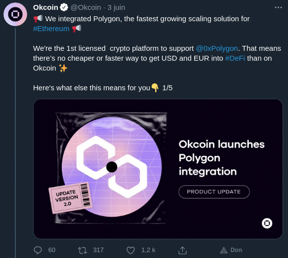Okcoin 允许通过 Polygon 网络提款