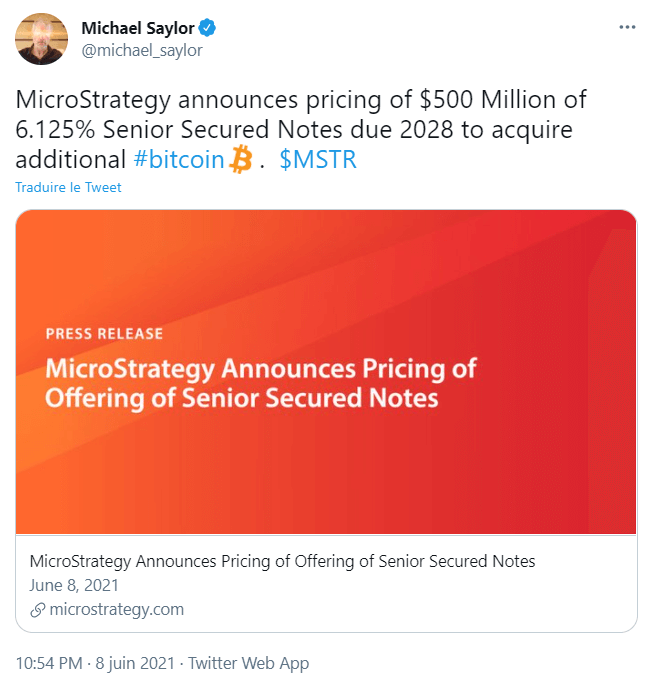 Michael Saylor 关于发行额外债务的出版物 - 来源：Twitter