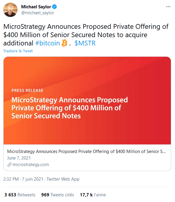 Microstrategy 宣布计划再购买 4 亿美元  