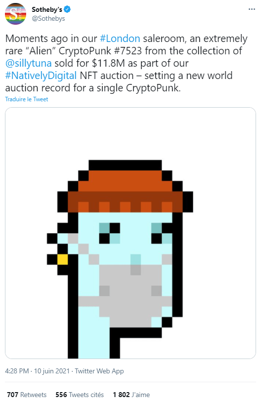 加密货币朋克 "佳士得售出超过 1200 万张 Alien-Covid