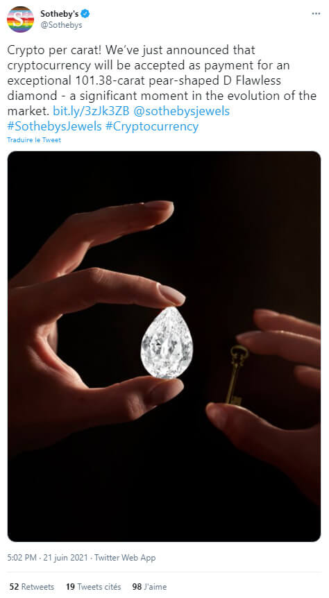 在比特币拍卖会上出售钻石：第一次