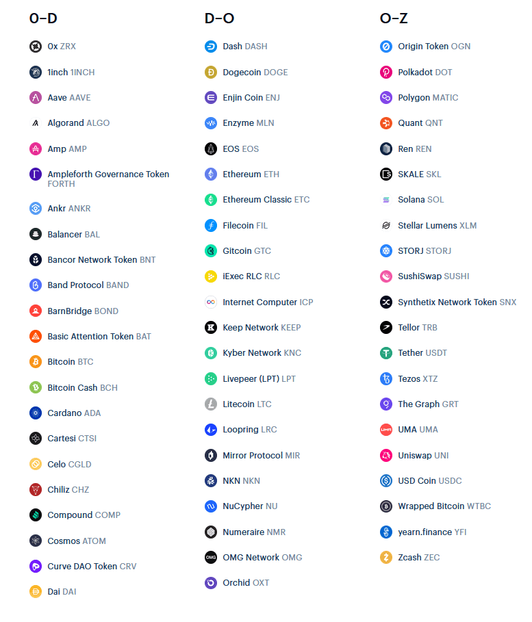 Coinbase 上可用的加密货币资产列表 - 来源：Coinbase
