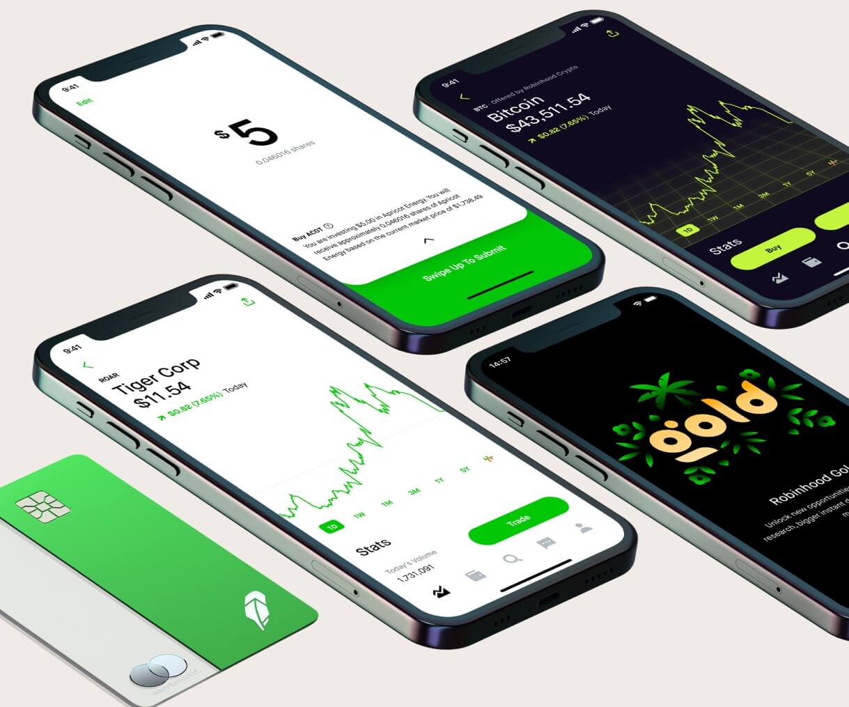 Robinhood 经纪平台的不同屏幕