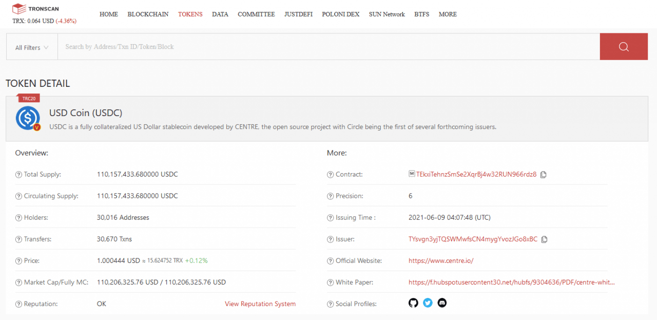Tron区块链上的 USDC 合约地址 - 来源：Tronscan
