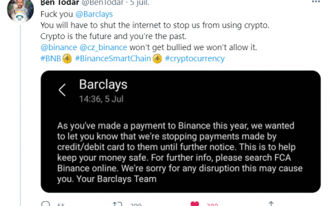 银行讨厌比特币：巴克莱禁止客户与币安交易