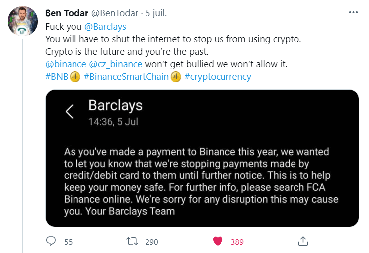 巴克莱银行禁止客户向币安转账