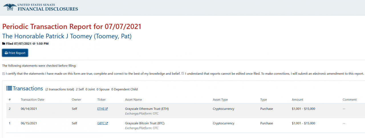 参议员 Pat Toomey 通过灰度投资比特币和加密货币