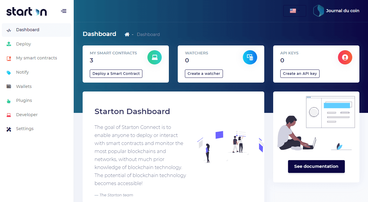Starton 网站仪表板旨在允许你在你选择的区块链上部署你的应用程序