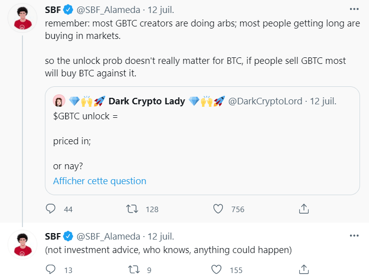 Sam Bankman-Fried 关于灰度解锁 40,000 BTC 的 Twitter 帖子