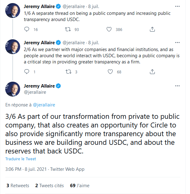 Jeremy Allaire 的一系列推文，涉及 Circle 的 IPO 流程和提高公司透明度 