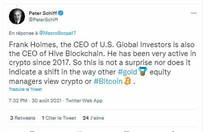 对于 Peter Schiff 而言，美国全球投资者对比特币的投资并不令人意外，因为其首席执行官也是 HIVE区块链 的首席执行官。
