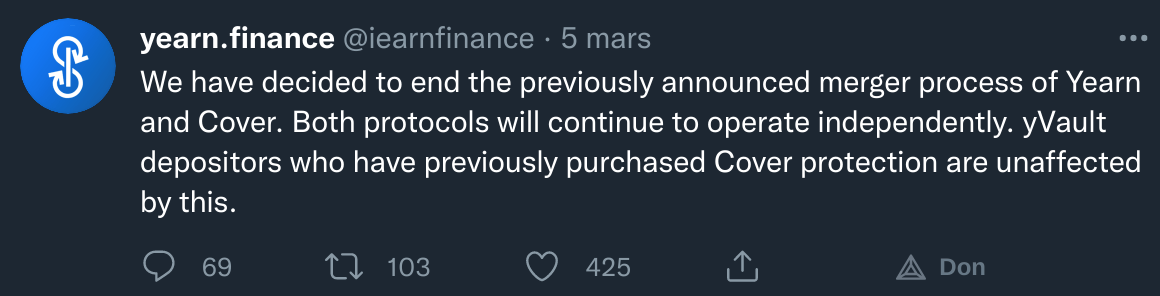 Yearn Finance 的 Twitter 出版物宣布与 Cover 的合作伙伴关系结束