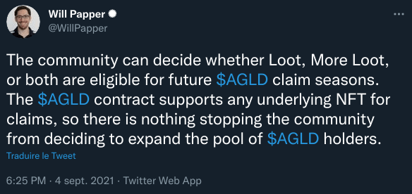 Dom Hofmann 的帖子解释说 AGLD 社区可以扩大 AGLD 持有者的数量