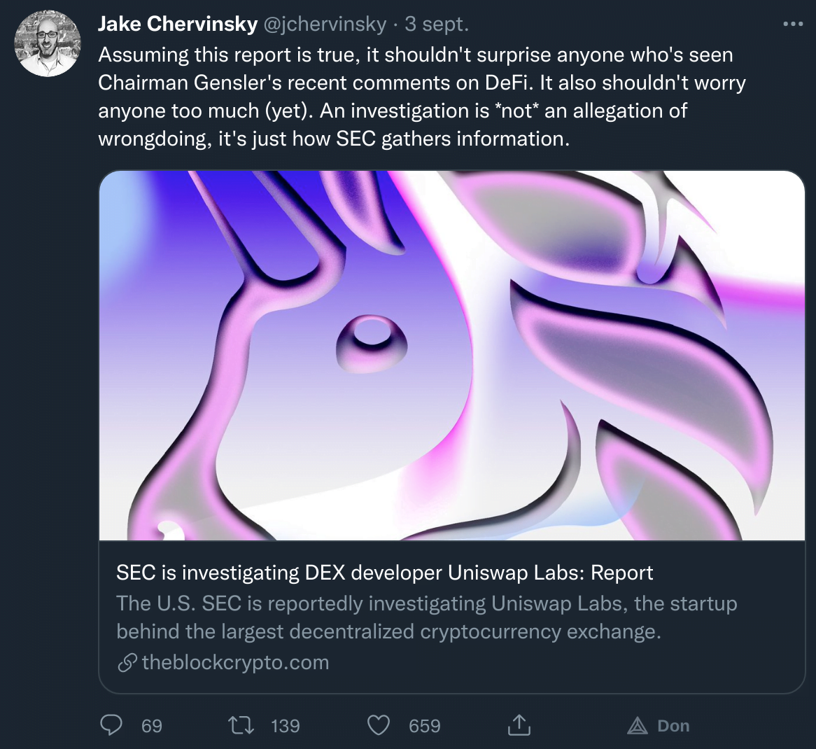 杰克·切尔文斯基 (Jake Chervinsky) 的 Twitter 帖子宣布美国证券交易委员会的调查不一定涉及去中心化金融 (DeFi) 方面的不当行为